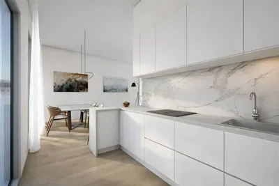 Κουζίνα; συσκευές κουζίνας, ξύλινο πάτωμα, φυσικό φως, μοντέρνο στυλ