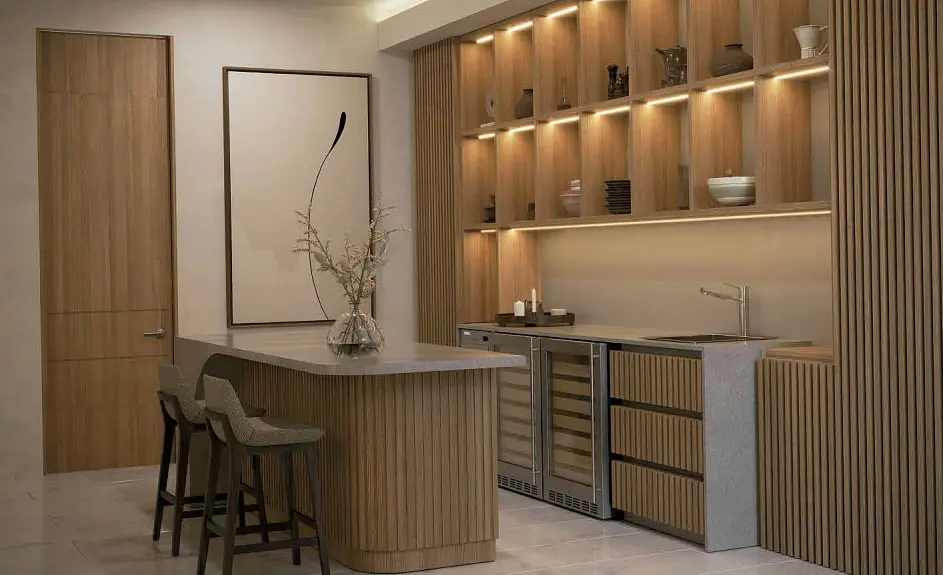 Kuchyně; kuchyňské spotřebiče, dlažba, přirozené světlo, moderní styl