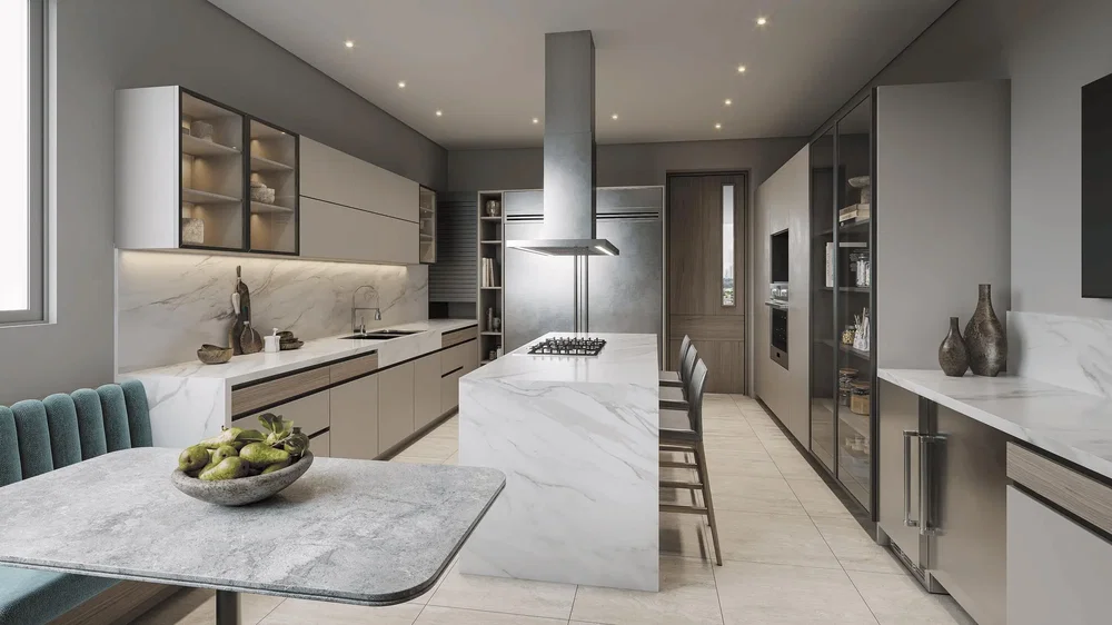 Küche; küchengeräte, holzboden, tageslicht, moderner stil