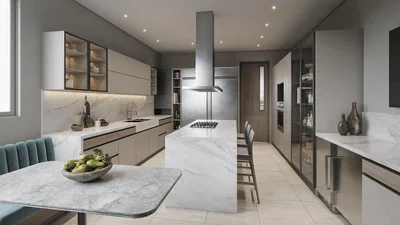 Küche; küchengeräte, holzboden, tageslicht, moderner stil