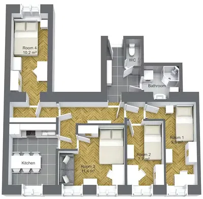 Küche; küchengeräte, holzboden, tageslicht, moderner stil
