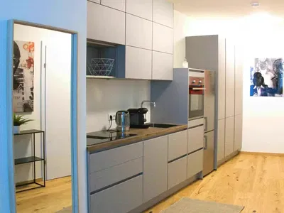 Cozinha; eletrodomésticos, chão de madeira, luz natural, estilo moderno