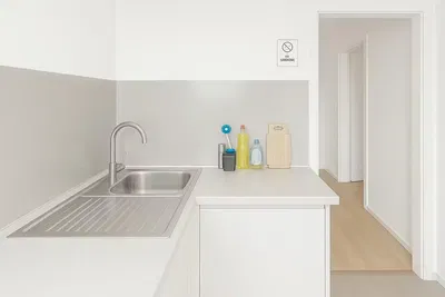 Kuchyně; kuchyňské spotřebiče, dřevěná podlaha, přirozené světlo, moderní styl