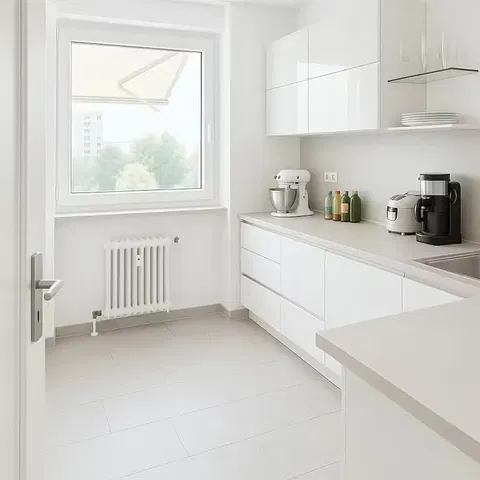 Kuchnia; sprzęt kuchenny, podłoga drewniana, światło dzienne, styl nowoczesny