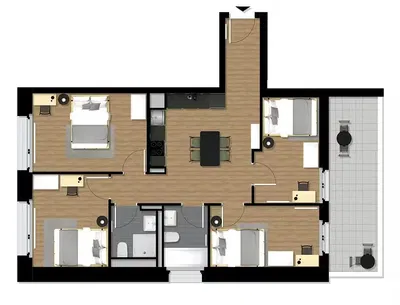Kuchyně; kuchyňské spotřebiče, dřevěná podlaha, přirozené světlo, moderní styl