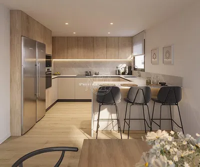 Küche; küchengeräte, holzboden, tageslicht, moderner stil