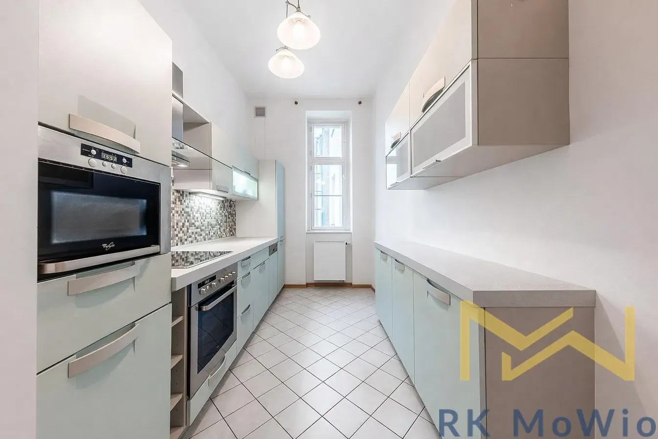 Kitchen; kitchen appliances, wood floor, natural light, modern style