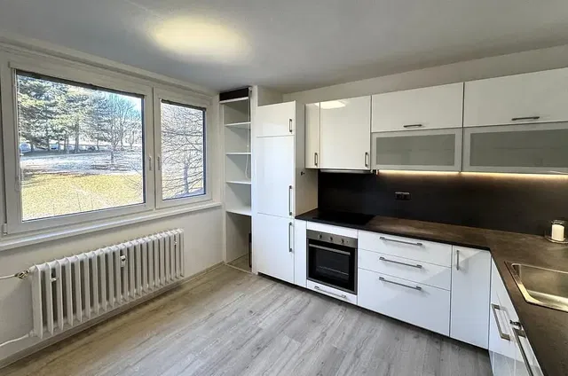 Кухня; кухненски уреди, дървен под, естествена светлина, модерен стил