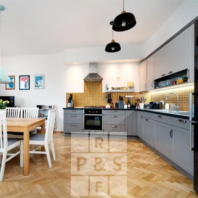 Кухня; кухненски уреди, дървен под, естествена светлина, модерен стил