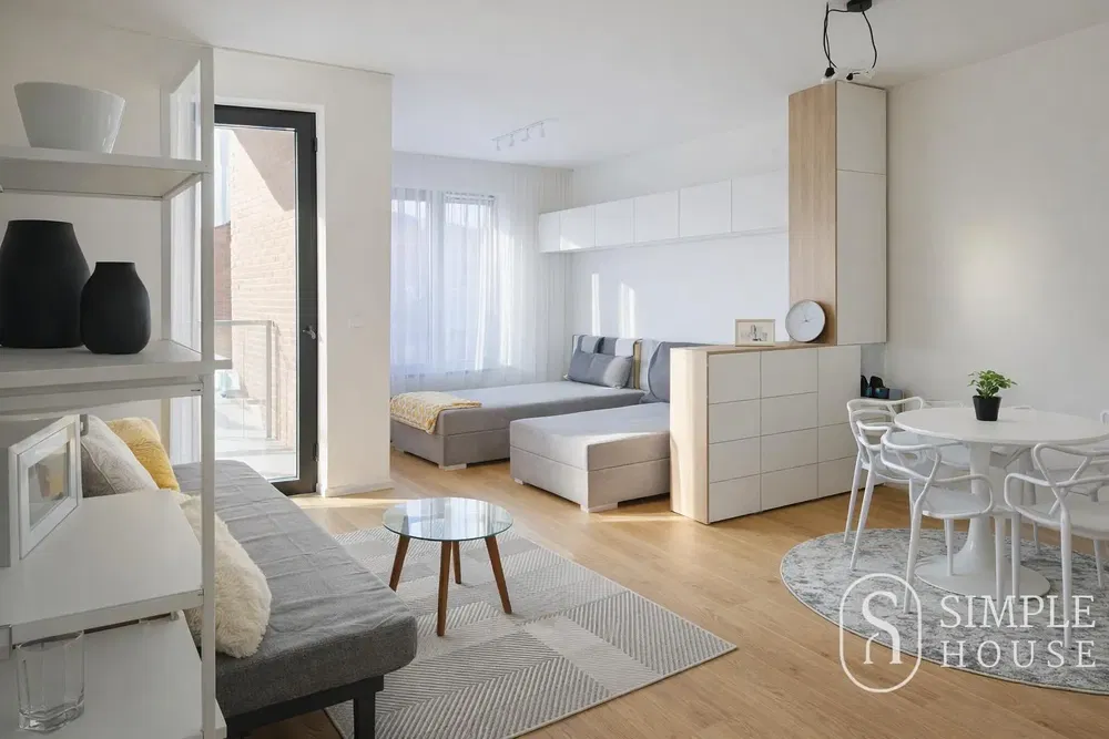 Хол; дървен под, естествена светлина, модерен стил