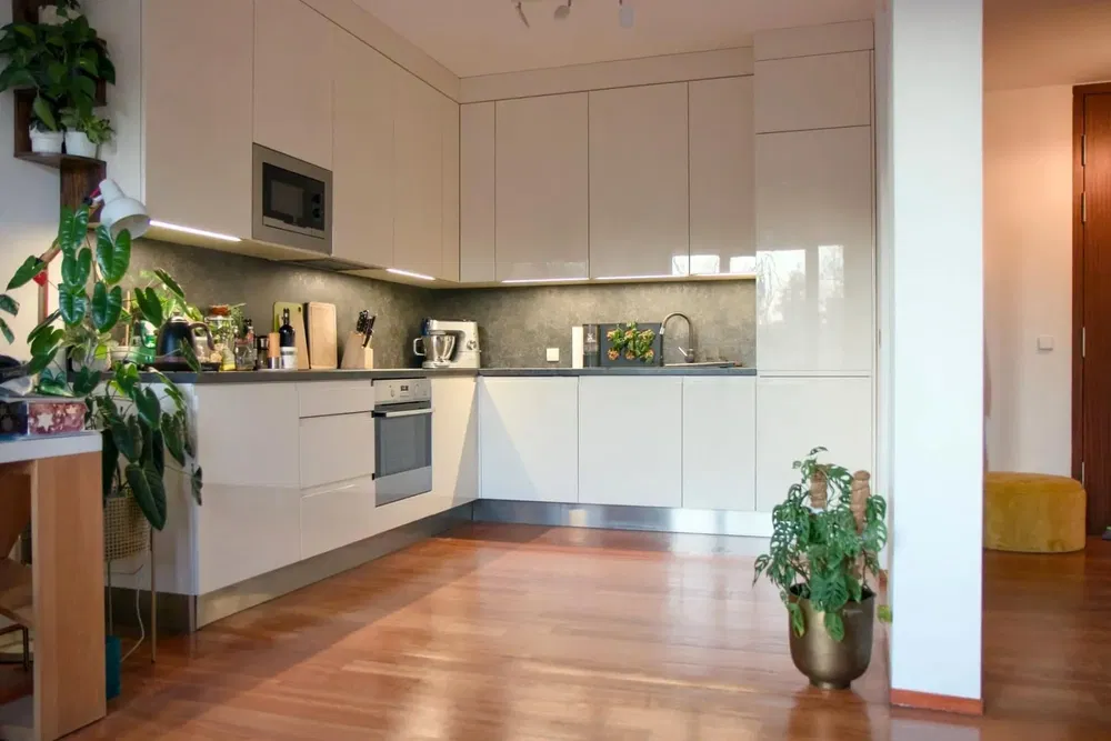 Кухня; кухненски уреди, дървен под, естествена светлина, модерен стил