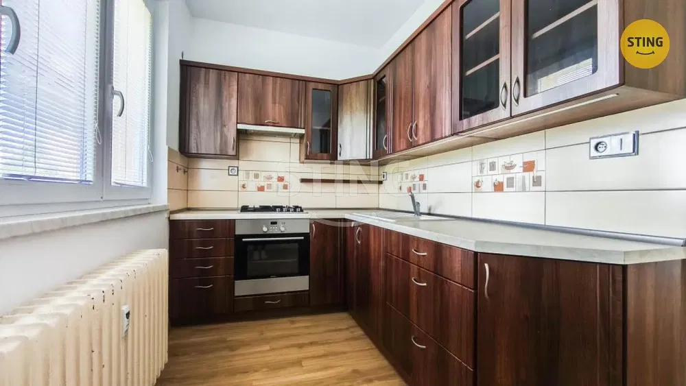 Kuchyně; kuchyňské spotřebiče, dřevěná podlaha, přirozené světlo, moderní styl