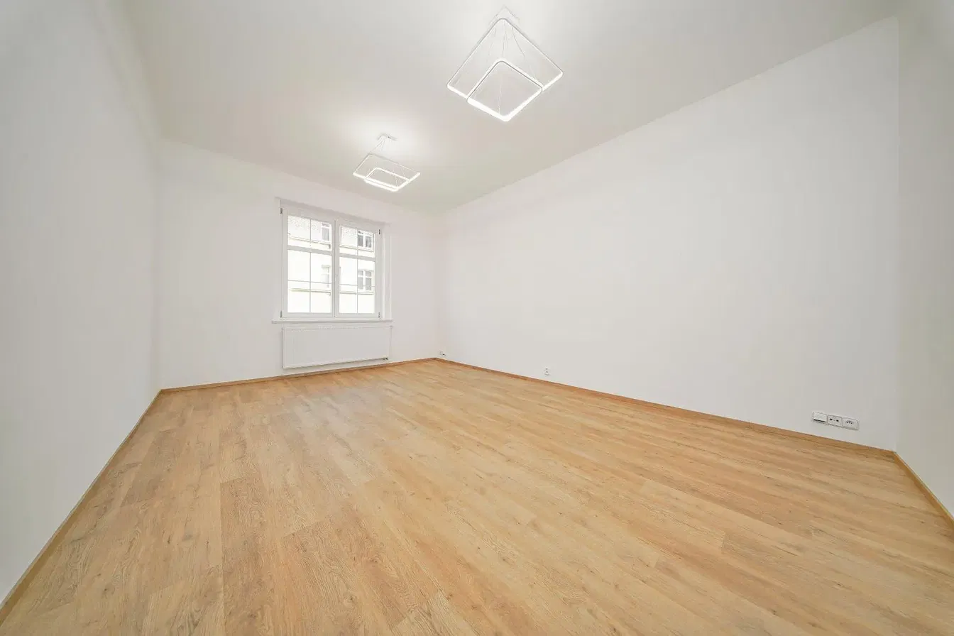 Obývací pokoj; dřevěná podlaha, přirozené světlo, moderní styl, vysoké stropy