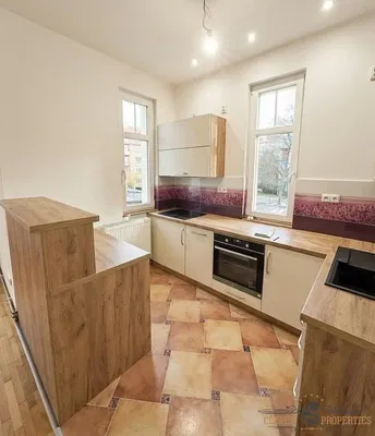 Kuchyně; kuchyňské spotřebiče, dřevěná podlaha, přirozené světlo, moderní styl