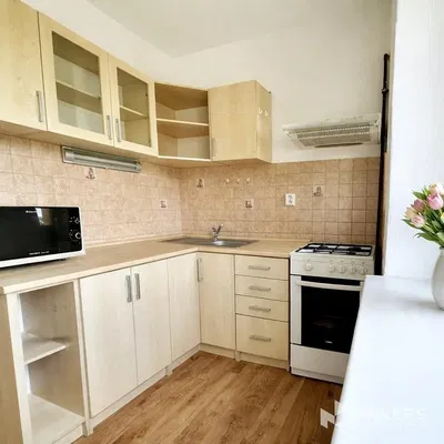 Kuchyně; kuchyňské spotřebiče, dřevěná podlaha, přirozené světlo, moderní styl