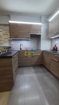 Kitchen; kitchen appliances, wood floor, natural light, modern style