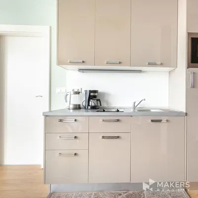 Кухня; кухненски уреди, дървен под, естествена светлина, модерен стил