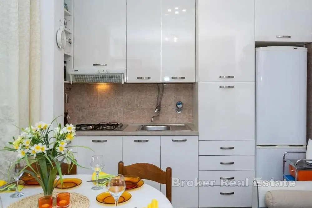 Kuchyně; kuchyňské spotřebiče, dřevěná podlaha, přirozené světlo, moderní styl