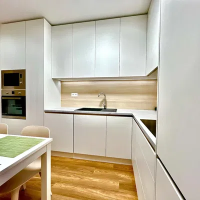 Cuisine; électroménager, parquet, lumière naturelle, style moderne