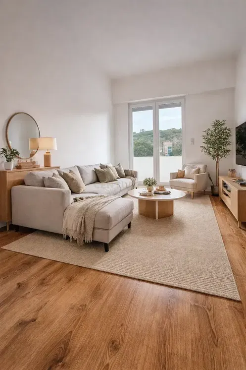 Kuchyně; kuchyňské spotřebiče, dřevěná podlaha, přirozené světlo, moderní styl