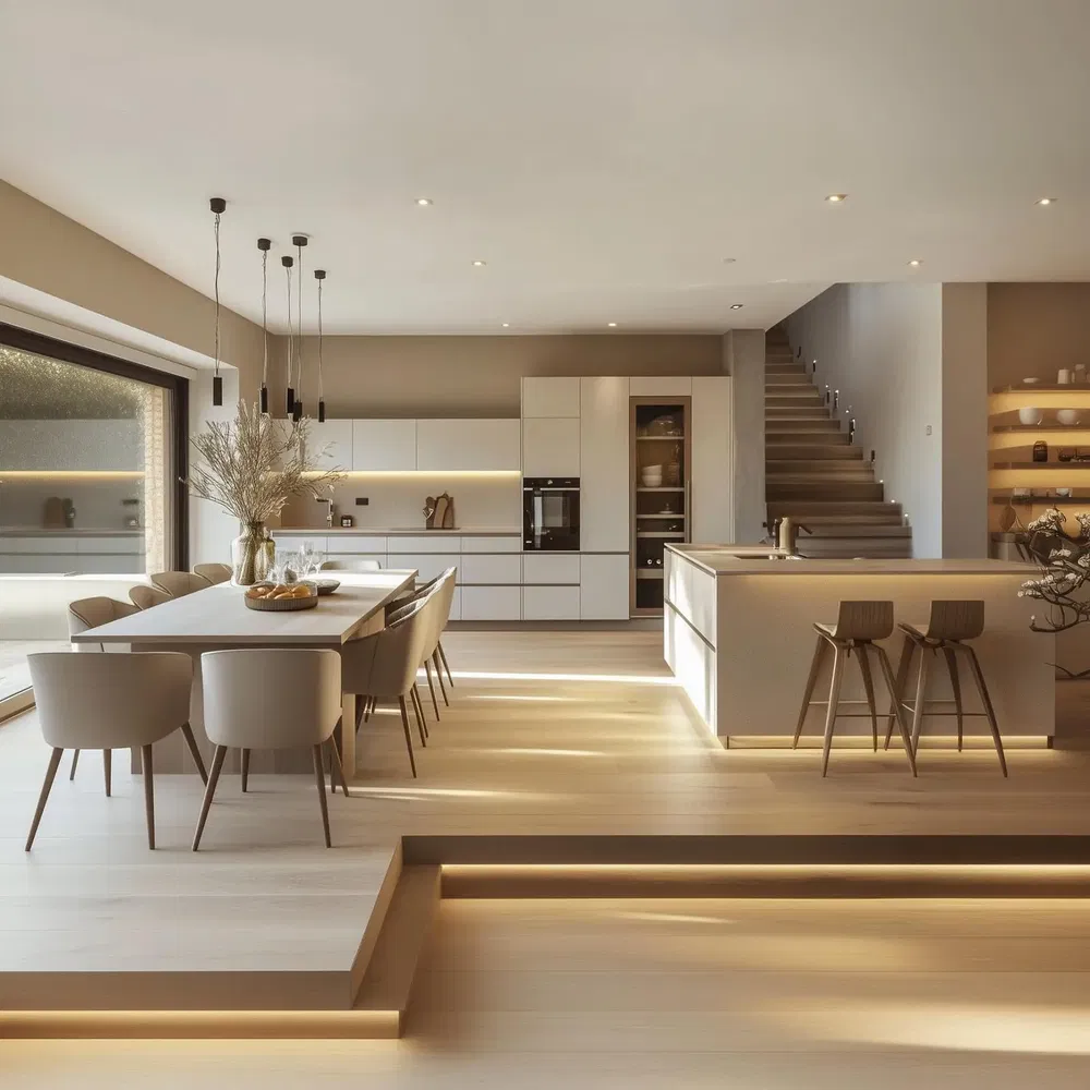 Küche; küchengeräte, holzboden, tageslicht, moderner stil