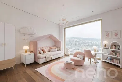 Camera dei bambini; vista, pavimento in legno, luce naturale, stile moderno