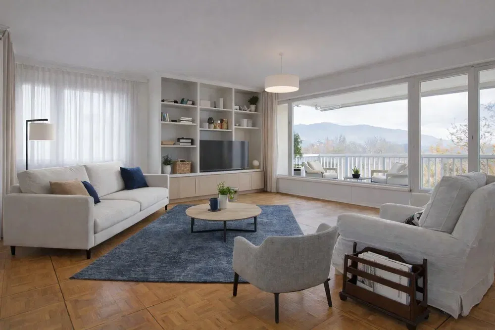 Salon; vue, parquet, lumière naturelle, style moderne