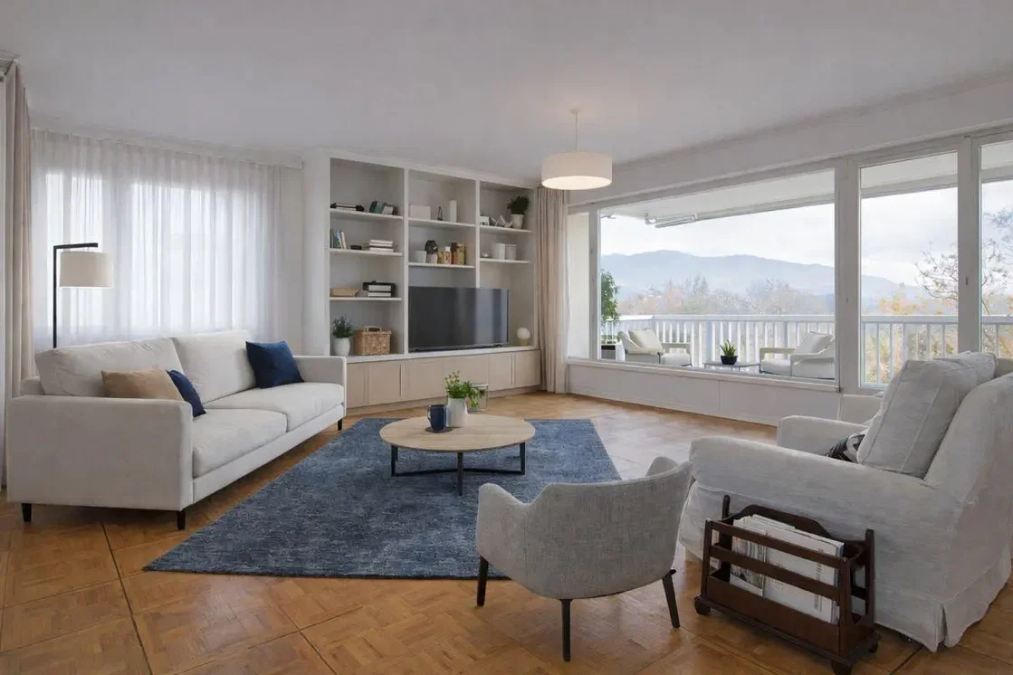 Salon; vue, parquet, lumière naturelle, style moderne
