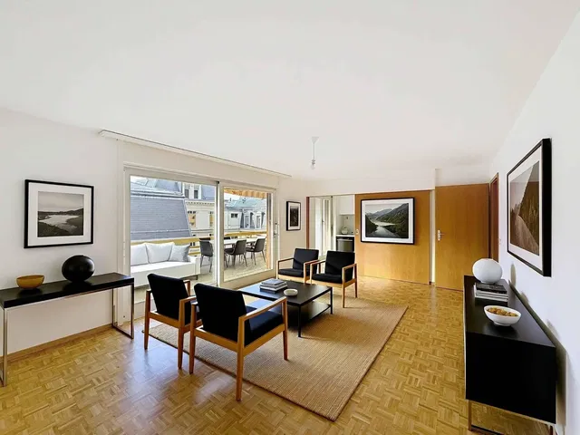 Living room; view, wood floor, modern style, natural light