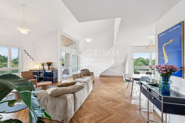 Living room; view, wood floor, natural light, modern style