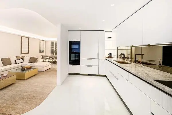 Кухиња; кухињски апарати, природно светло, модерни стил, дрвени под