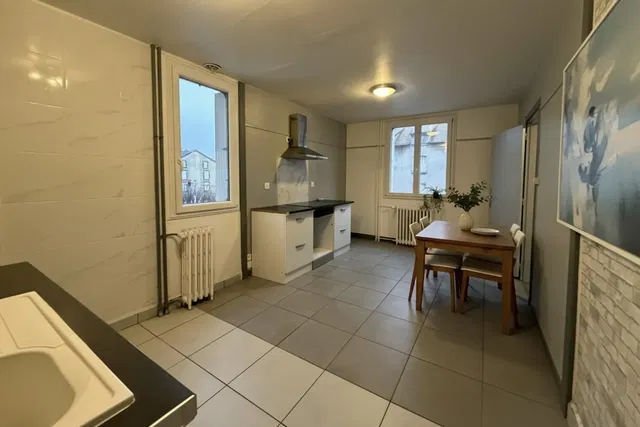 Kitchen; tile floor, kitchen appliances, view