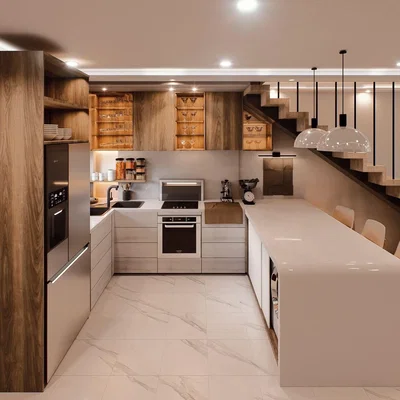 Kitchen; kitchen appliances, tile floor, renovated, natural light, modern style