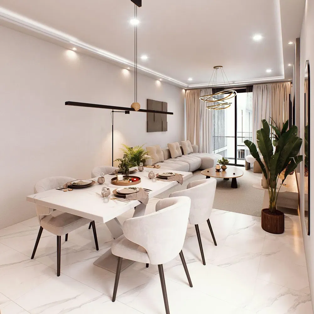 Living room; tile floor, natural light, modern style