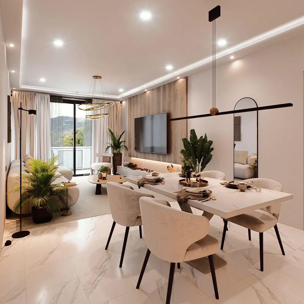 Living room; view, natural light, modern style, tile floor