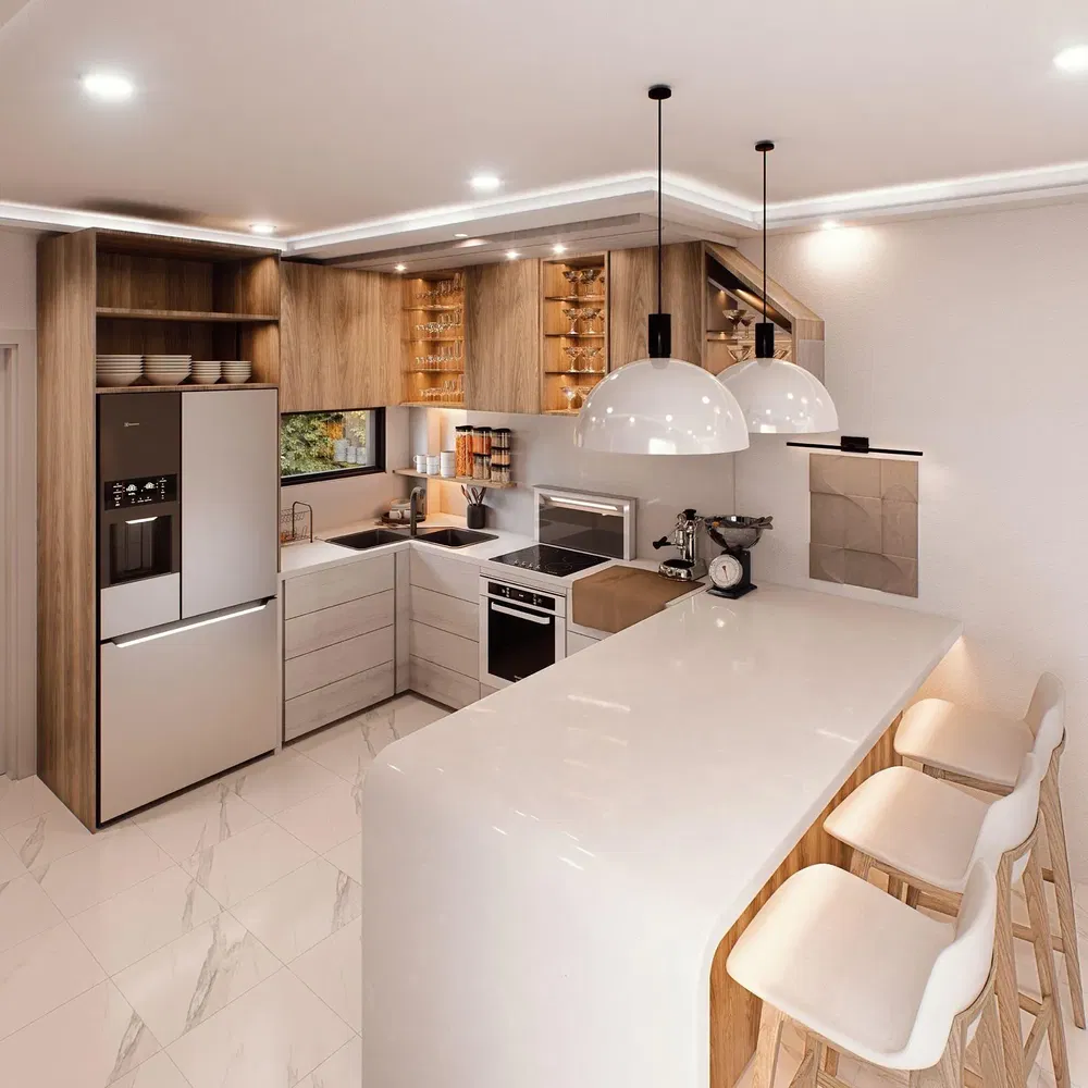 Kitchen; kitchen appliances, natural light, modern style, tile floor