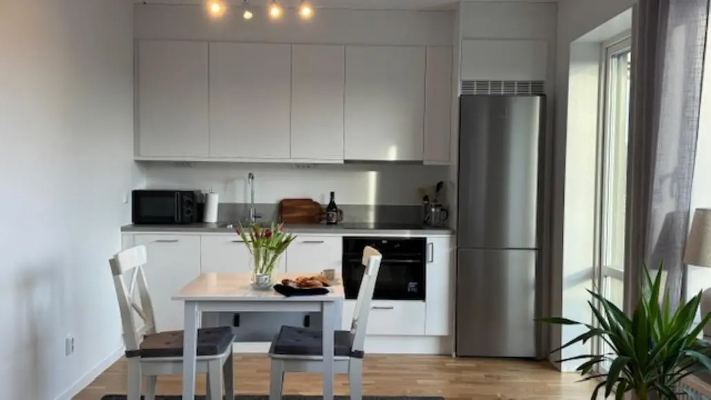 Cuisine; électroménager, lumière naturelle, style moderne, parquet