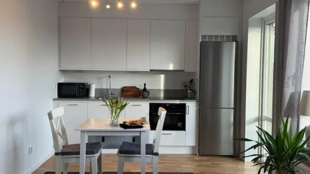 Cuisine; électroménager, lumière naturelle, style moderne, parquet