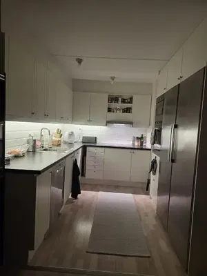 Cuisine; électroménager, carrelage, rénové, lumière naturelle, style moderne