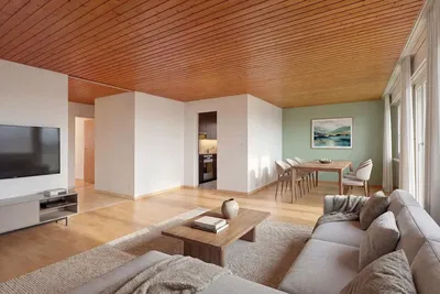 Living room; wood beams, natural light, modern style