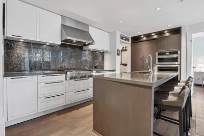 Kitchen; kitchen appliances, wood floor, natural light, modern style