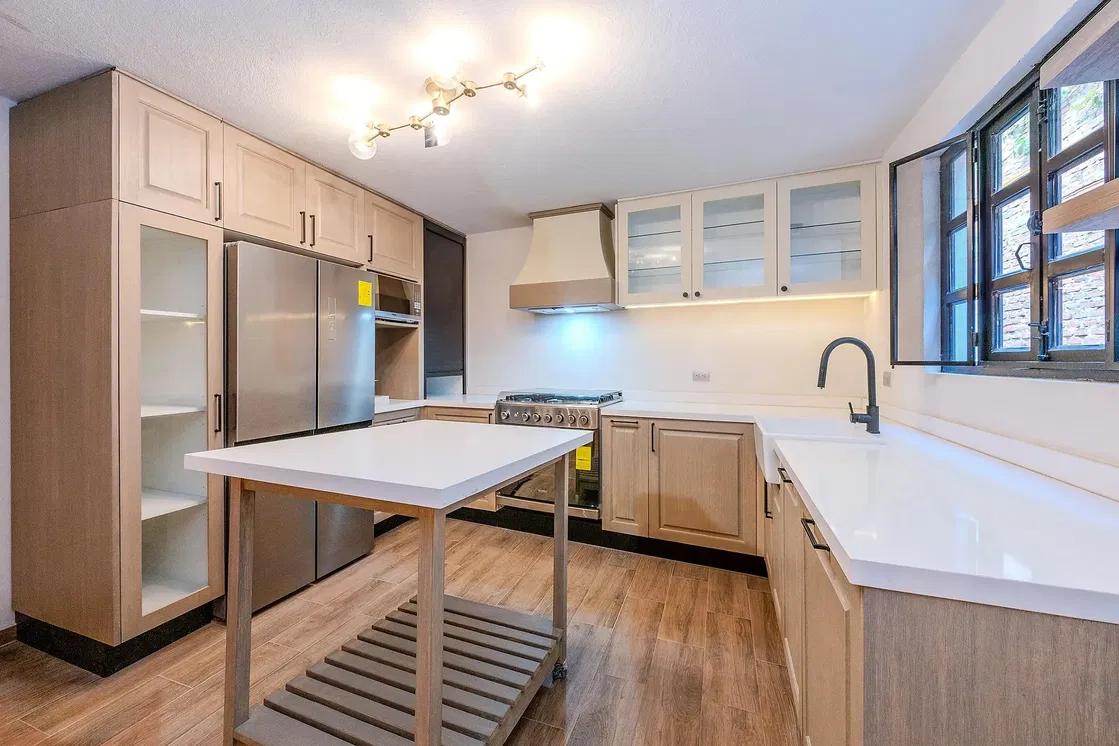 Kuhinja; kućanski aparati, pločice, renoviran, prirodna svjetlost, moderan stil