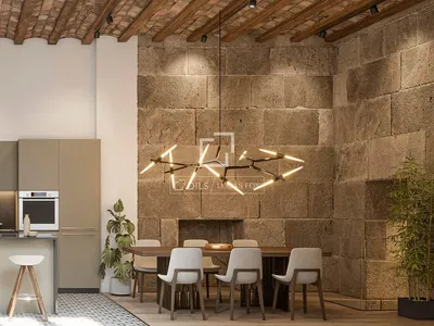 Cucina; elettrodomestici, travi in legno, stile moderno