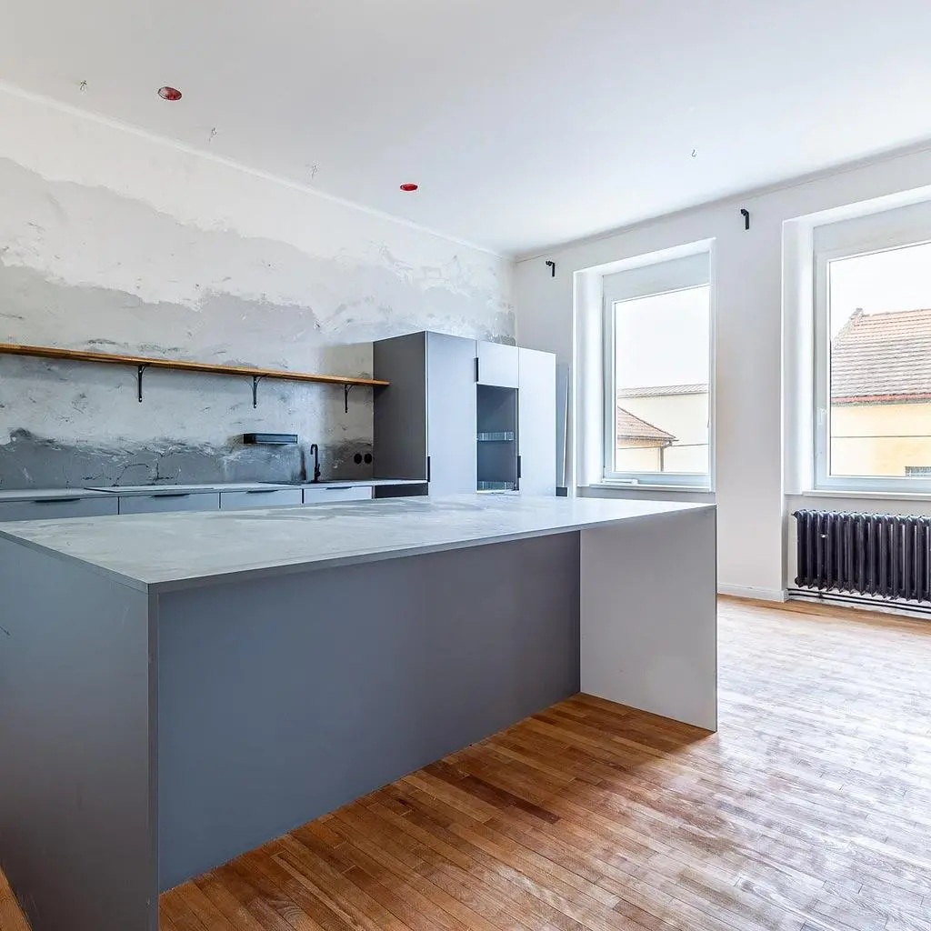 Кухня; дървен под, естествена светлина