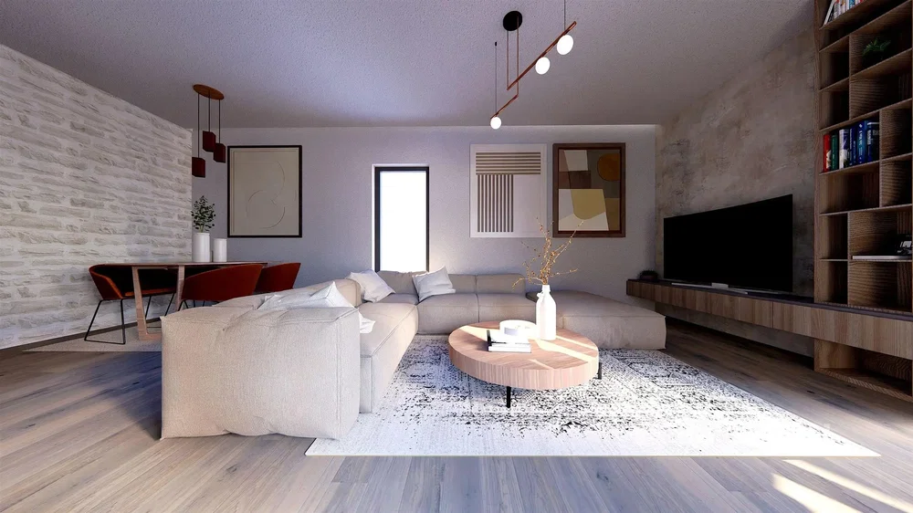 Obývací pokoj; přirozené světlo, moderní styl, dřevěná podlaha