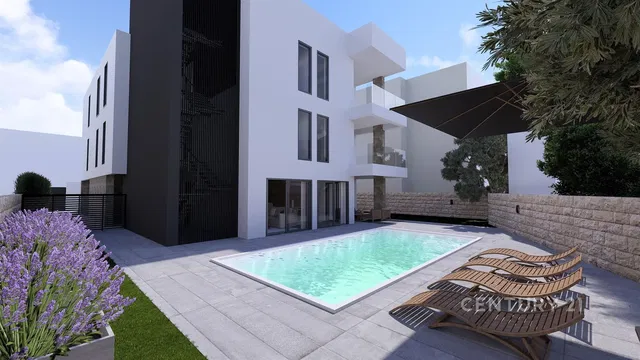 House and surroundings; view