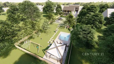 House and surroundings; view