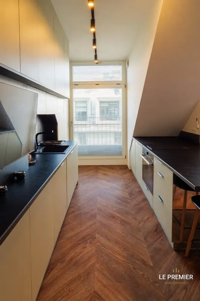 Kitchen; kitchen appliances, wood floor, natural light, modern style