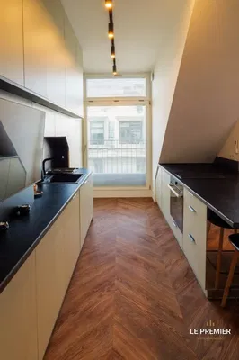 Kitchen; kitchen appliances, wood floor, natural light, modern style