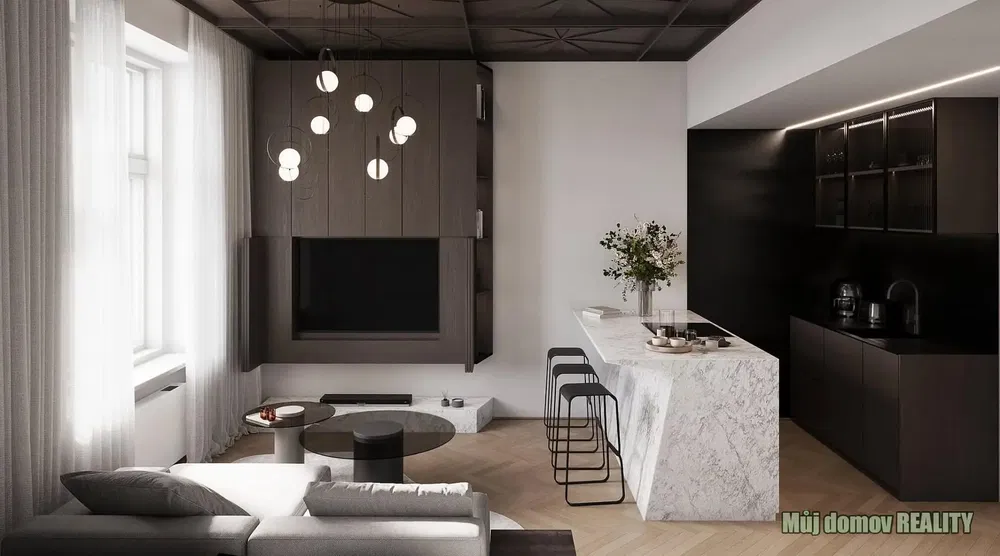 Obývací pokoj; výhled, kuchyňské spotřebiče, přirozené světlo, moderní styl